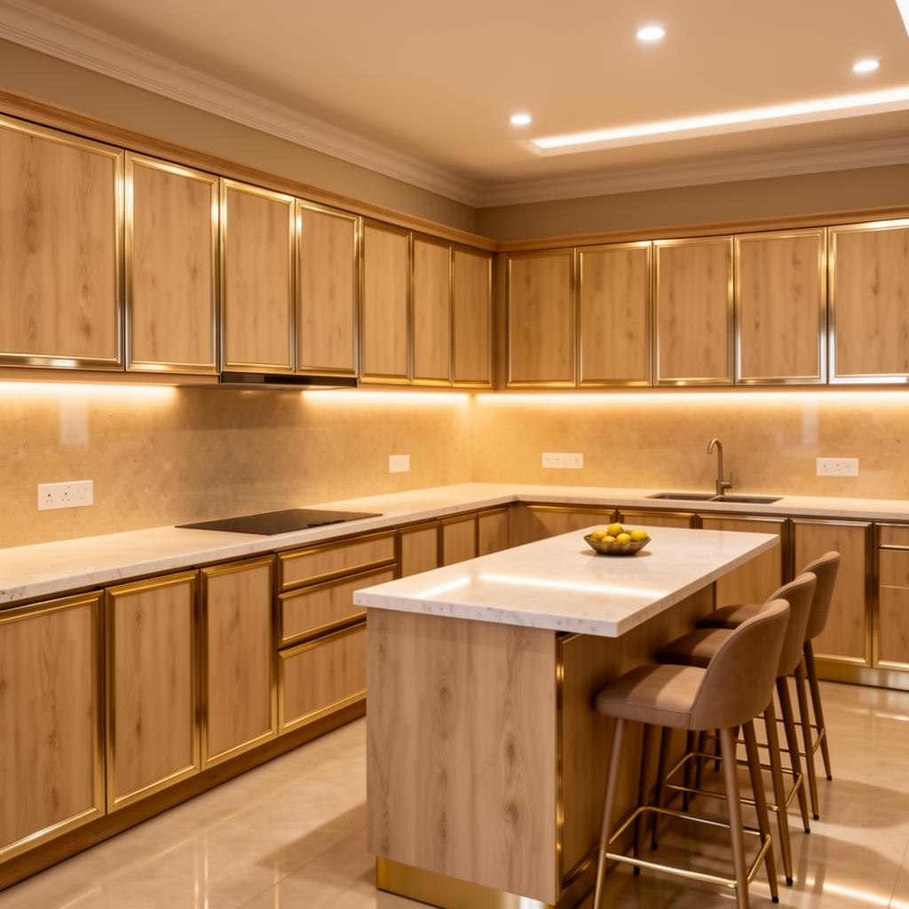 L-shaped modular kitchen with oak and gold trim